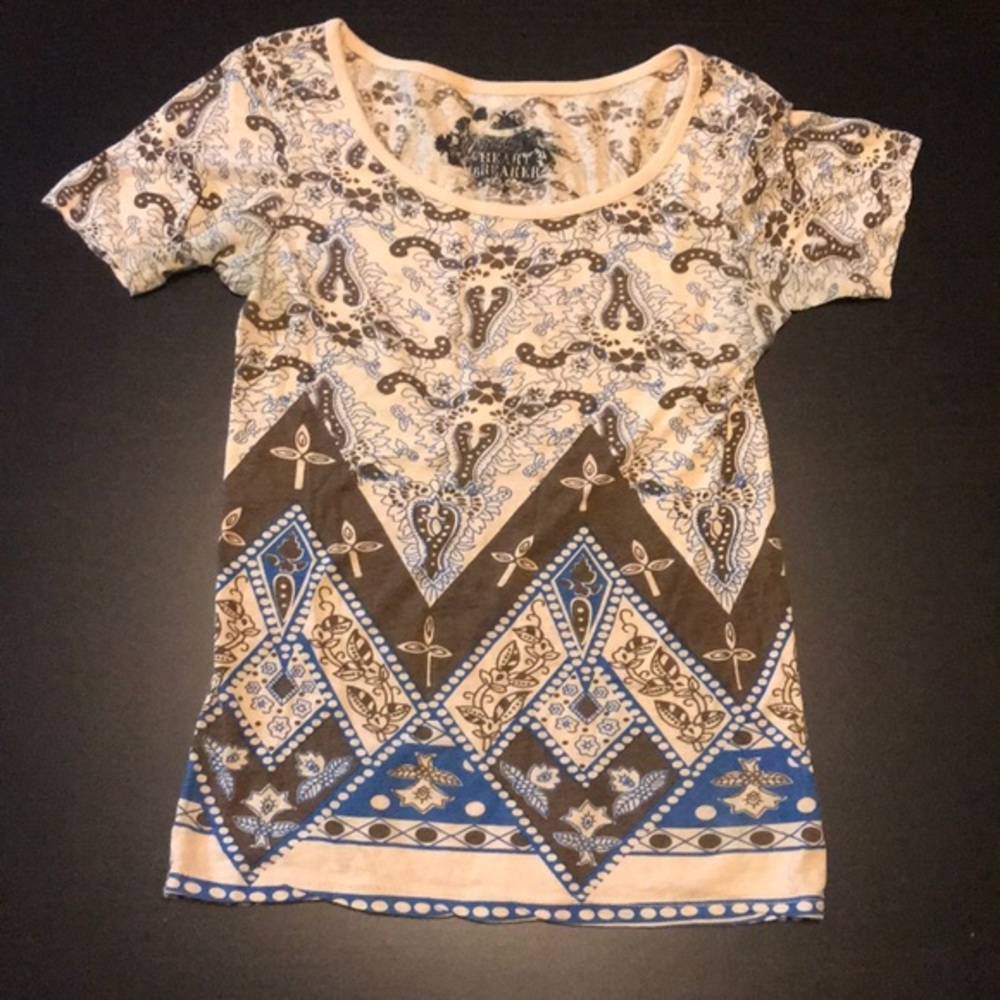 Tan & Brown Soft Graphic Short Sleeve Tee, Size XS